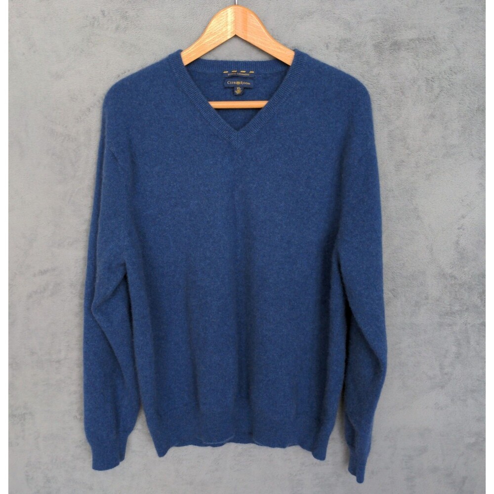Club Room Estate 100% Cashmere Sweater Mens Large Dark Blue V-Neck Pullover